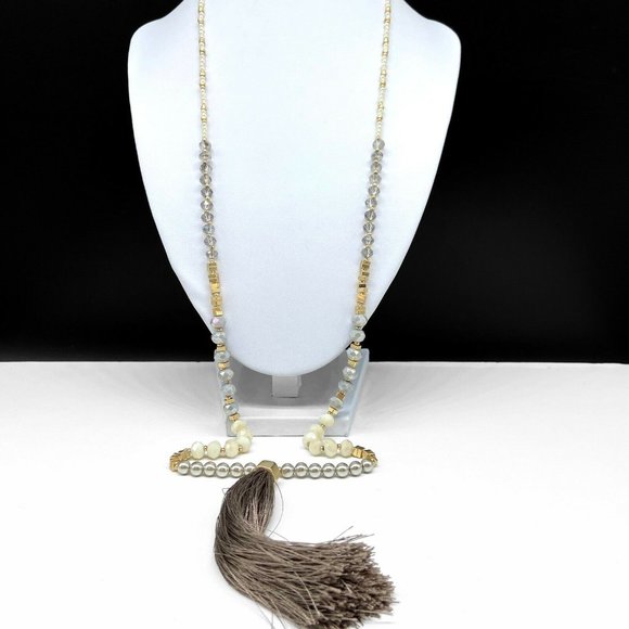 Ann Taylor Loft Faux Pearl Beaded Tassel Necklace